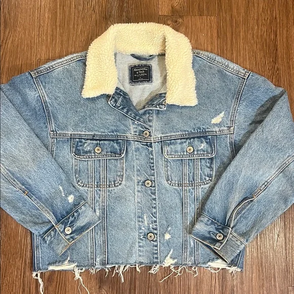Abercrombie & Fitch Blue Denim Jacket with Cream Sherpa Collar - Picture 1 of 8